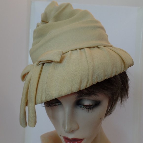 Accessories - Vintage Tan Hat Polyester Hat W Ribbon Made in USA has Patent Label But no Brand
